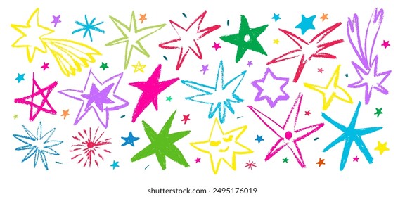 Set stars and meteorite doodle style  drawn by hand. Grunge scrawls, charcoal scribbles, rough brush strokes, underline. Bold charcoal freehand stars. Crayon or marker scribbles