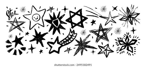 Conjunto de estrellas y meteorito estilo doodle dibujado a mano. Garabatos de grunge, garabatos de carbón, trazos de pincel ásperos, subrayado. Audaces estrellas a mano alzada de carbón. Garabatos de lápiz o marcador