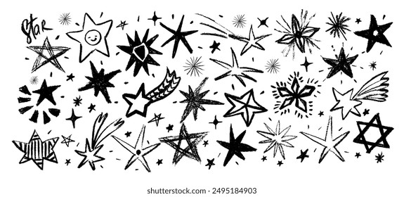 Conjunto de estrellas y meteorito estilo doodle dibujado a mano. Garabatos de grunge, garabatos de carbón, trazos de pincel ásperos, subrayado. Audaces estrellas a mano alzada de carbón. Garabatos de lápiz o marcador