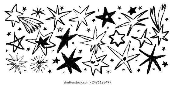 Set stars and meteorite doodle style  drawn by hand. Grunge scrawls, charcoal scribbles, rough brush strokes, underline. Bold charcoal freehand stars. Crayon or marker scribbles