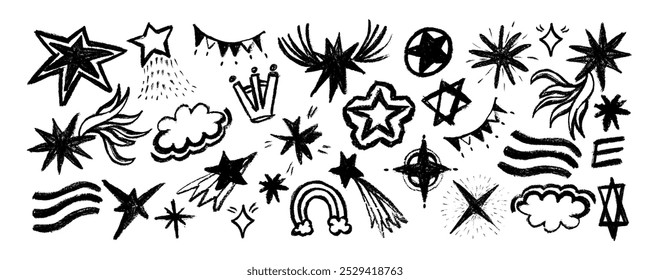 Set stars and meteorite doodle style  drawn by hand. Grunge scrawls, charcoal scribbles, rough brush strokes, underline. Bold charcoal freehand stars. Crayon or marker scribbles