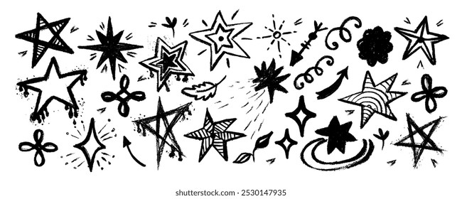 Definir estrelas e meteorito estilo doodle desenhado à mão. Grunge rabiscos, carvão rabiscos, pinceladas ásperas, sublinhado. Estrelas à mão livre de carvão arrojado. Rabiscos de giz de cera ou marcadores