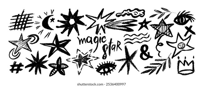 Set stars and meteorite doodle style drawn by hand. Grunge scrawls, charcoal scribbles, rough brush strokes, underline. Bold charcoal freehand stars. Crayon or marker scribbles
