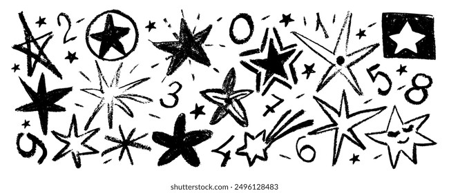 Set stars, meteorite and figure doodle style  drawn by hand. Grunge scrawls, charcoal scribbles, rough brush strokes, underline. Bold charcoal freehand stars. Crayon or marker scribbles