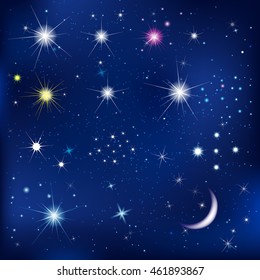 Set Of Stars And Moon, With Gradient Mesh, Vector Illustration