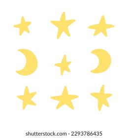 Set with stars and moon isolated on white background. Vector children's naive hand-drawn illustration