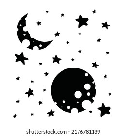 Set of stars and moon with moon. Silhouettes of cosmic celestial bodies. Cartoon style illustration