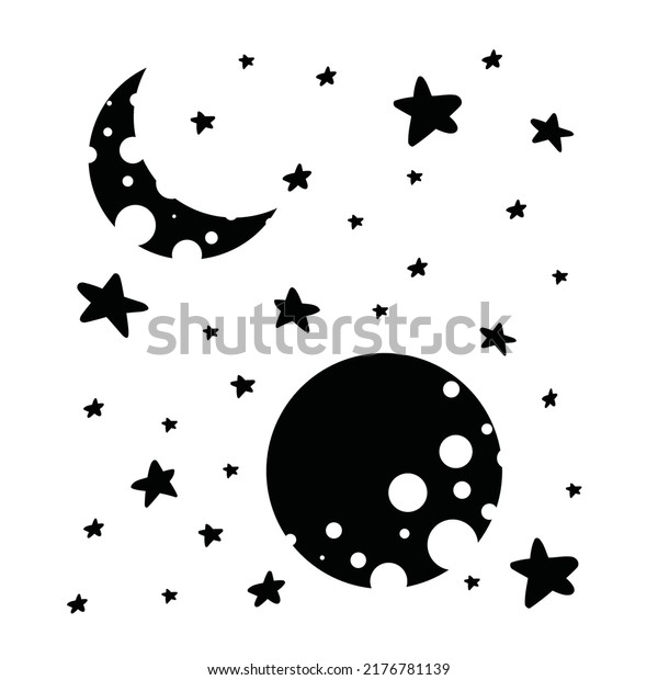 Set of stars and moon\
with moon. Silhouettes of cosmic celestial bodies. Cartoon style\
illustration