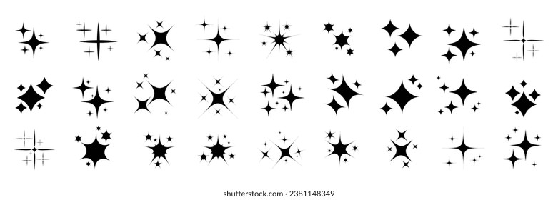 Set of stars on black background. Sparkle star icons. Different black sparkles icons. Collection of star sparkles symbol. Stars sparkles. Vector