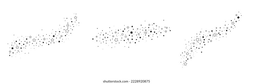 Set of stars on a white background. Falling star. Magic trail of stardust, line of comets. Meteoroid, comet, asteroid, stars. New Year, Christmas. Vector illustration.
