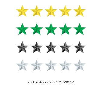 Juego de estrellas de colores amarillos, verdes, grises y negros. Clasificación de la evaluación del examen o del voto. Cinco estrellas de calidad. Excelente clasificación. Nivel superior de satisfacción. Iconos aislados. Vector EPS 10.