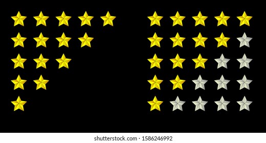 Set of stars rating. Customer review with gold star icon. 5 stars and half assessment of customer in flat style. Feedback concept, Quality rank, Customer review, Appraisal, level rank. vector eps10.