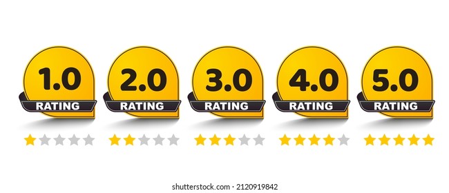 Set of stars rating. Customer review with gold star icon badges with ribbon. Vector illustration.