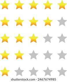 Set of stars rating design elements. Kit of star shapes for ranking interface. Voting symbols from zero to five points. Vector illustration in flat style. gold stars and half star flat vector icons