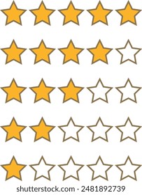 Set of stars rating design elements. Kit of star shapes for ranking interface. Voting symbols from zero to five points. Vector illustration in flat style. Yellow and half star flat feedback icons