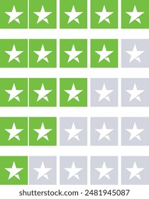 Set of stars rating design elements. Kit of star shapes for ranking interface. Voting symbols from zero to five points. Vector illustration in flat style. Green and half star flat feedback trust icons