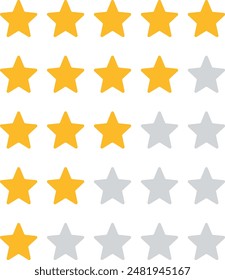 Set of stars rating design elements. Kit of star shapes for ranking interface. Voting symbols from zero to five points. Vector illustration in flat style. Yellow and half star flat feedback icons