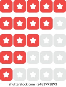 Conjunto de Elementos de diseño de clasificación de estrellas. Kit de Formas estrella para la interfaz de clasificación. Símbolos de votación de cero a cinco puntos. Ilustración vectorial en estilo plano. Estrellas rojas e iconos de vector plano de media estrella