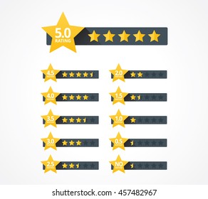 Set of stars rating design elements. Kit of star shapes for ranking interface. Voting symbols from zero to ten points. Vector illustration in flat style.