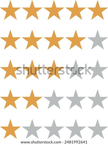 Set of stars rating design elements. Kit of star shapes for ranking interface. Voting symbols from zero to five points. Vector illustration in flat style. Brown and half star flat feedback icons