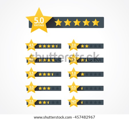 Set of stars rating design elements. Kit of star shapes for ranking interface. Voting symbols from zero to ten points. Vector illustration in flat style.