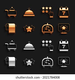 Set Stars rating, Hotel booking calendar, luggage cart, Towel on hanger, Covered with tray of food and  icon. Vector