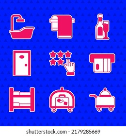 Set Stars rating, Hotel luggage cart, Covered with tray of food, Credit card, room bed, door, Champagne bottle glass and Bathtub icon. Vector