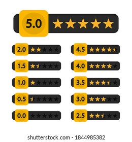 Set of stars rating to rate how good the service offered is. Rating stars, design elements, customer feedback, voting symbols from one to five points.