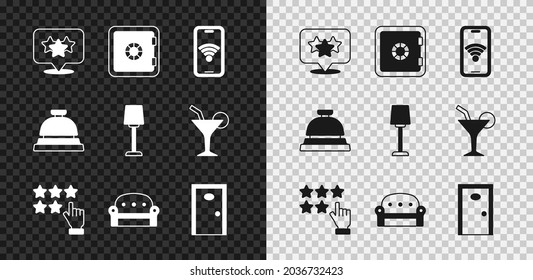 Set Stars rating, Safe, Mobile with wi-fi wireless, Sofa, Hotel door, service bell and Table lamp icon. Vector