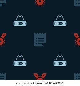 Set Stars rating, Wish list template and Hanging sign with text Closed on seamless pattern. Vector