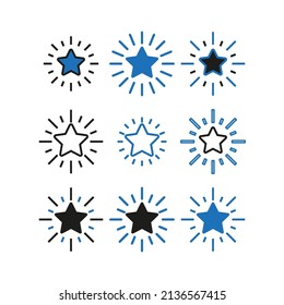 A set of stars with rays. Simple flat vector illustration on a white background.