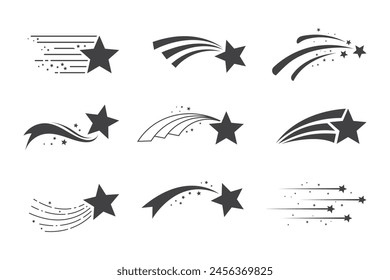 Set of stars with shooting star effect. silhouette shooting star icon