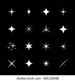 Set of stars, sparkle, glint, gleam, etc. Vector illustration on a black background. Light stars with rays, explosion, fireworks. 