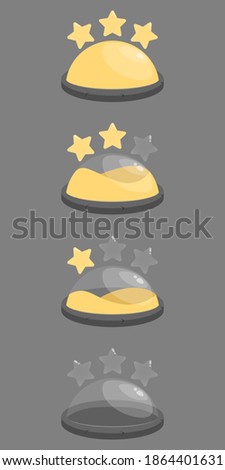 Set of stars and sphere filled vessels liquid. Elements for app graphics and game design, GUI. Set of status, progress icons. Filling player progress. Transparent stars and sphere are filled of liquid