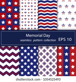 A set of stars and stripes seamless patterns. Eight paintings under the mask. Stock vector. The US Independence day holiday vector repeat texture on the basis of the American flag.