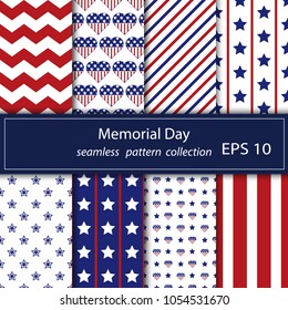 A set of stars and stripes seamless patterns. Eight paintings under the mask. The US Independence day holiday vector repeat texture on the basis of the American flag. Stock vector.