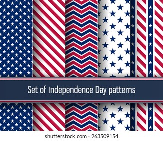 Set of stars and stripes seamless patterns. USA Independence day festive vector repeatable textures based on american flag.