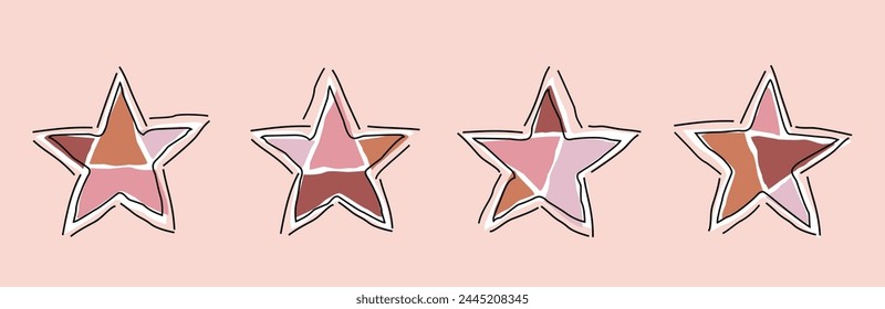 set of stars in the style of applique from pieces of paper, additional drawing, black outline line. Colors are pink and earth tones.