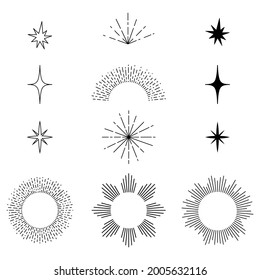 Set of stars and sunburst. Vector black and white abstract astronomy illustration.