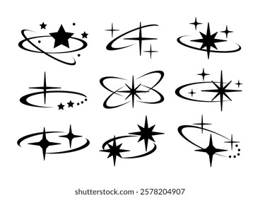 Set of stars and their orbits. Vector star path. Various designs. Star icons with orbit lines. Simple black star and orbit graphics.