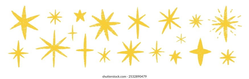 Set of stars, twinkle and spark with crayon, chalk or pastel texture. Yellow and drawn Kids vector illustration on a white background.