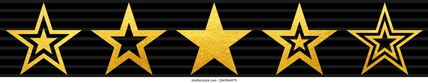 Set of stars with vector gold texture on the black background. Golden vector illustration for cover, poster, invitation, banner, flyer, mobile app. Hoiliday. Star backdrop.