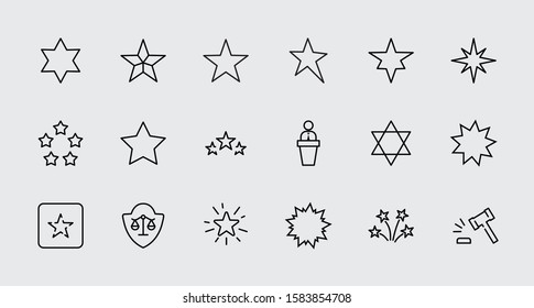Set of Stars Vector Line Icons. Contains such Icons as Starry night, falling star, firework, twinkle, glow, glitter burst and more. Outline signs for glossy material. Editable Stroke. 32x32 Pixels