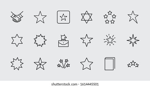Set of Stars Vector Line Icons. Contains such Icons as Starry night, falling star, firework, twinkle, glow, glitter burst and more. Outline signs for glossy material. Editable Stroke. 32x32 Pixels.