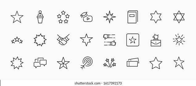 Set of Stars Vector Line Icons. Contains such Icons as Starry night, falling star, firework, twinkle, glow, glitter burst and more. Outline signs for glossy material. Editable Stroke. 32x32 Pixels.