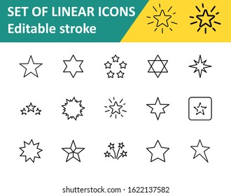 Set of Stars Vector Line Icons. Contains such Icons as Starry night, falling star, firework, twinkle, glow, glitter burst and more. Outline signs for glossy material. Editable Stroke. 32x32 Pixels.