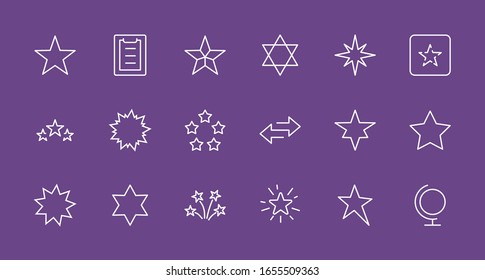 Set of Stars Vector Line Icons. Contains such Icons as Starry night, falling star, firework, twinkle, glow, glitter burst and more. Outline signs for glossy material. Editable Stroke. 32x32 Pixels.