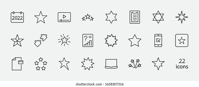 Set of Stars Vector Line Icons. Contains such Icons as Starry night, falling star, firework, twinkle, glow, glitter burst and more. Outline signs for glossy material. Editable Stroke. 32x32 Pixels.