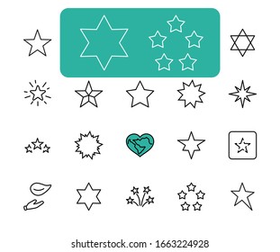 Set of Stars Vector Line Icons. Contains such Icons as Starry night, falling star, firework, twinkle, glow, glitter burst and more. Outline signs for glossy material. Editable Stroke. 32x32 Pixels.