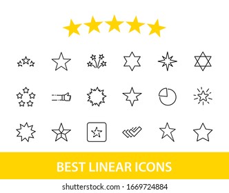 Juego de iconos de línea vectorial de estrellas. Contiene íconos como noche estrellada, estrella en caída, fuegos artificiales, arrugas, resplandor, ráfaga de brillo y más. Señales de esquema para material brillante. Trazo editable. 32x32 píxeles.